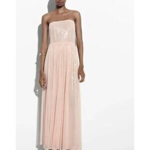 Zara Powder Pink Sequin Strapless Maxi Dress Stretch Fit Size Medium